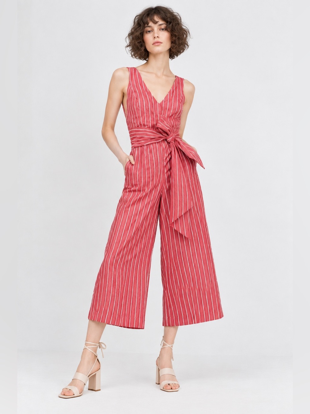 Club Monaco Pink-Red Striped Tie-Waist Sleeveless Jumpsuit